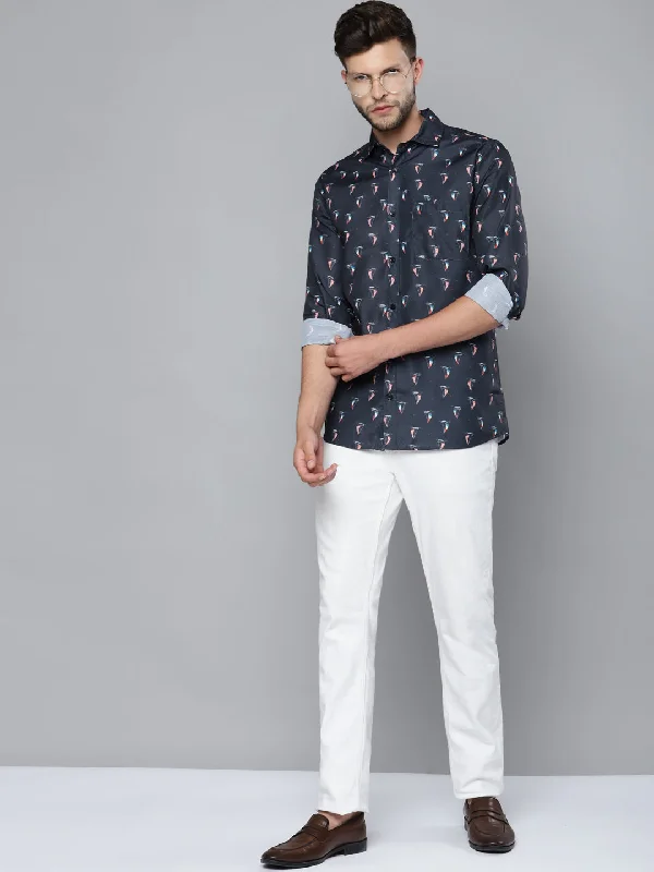Men's Wrinkle-Free Shirts for Easy CareMen Navy Blue Smart Slim Fit Printed Casual Shirt