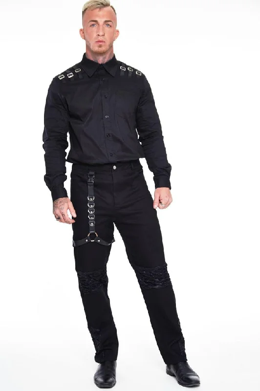 Men's Pants with Appliqué DetailsBlack Trouser with Contrast Panels
