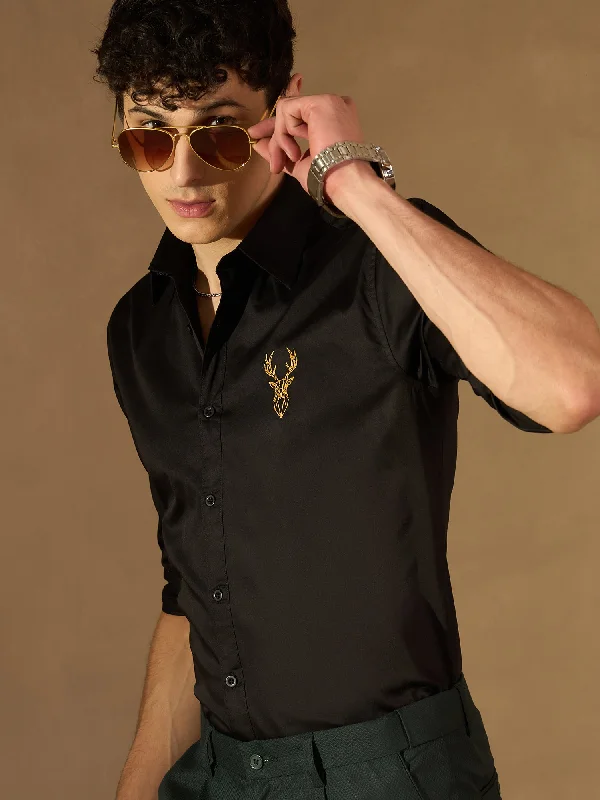 Men's Graphic Print T-Shirts for a Statement LookDENNISON Black Smart Spread Collar Long Sleeve Cotton Shirt