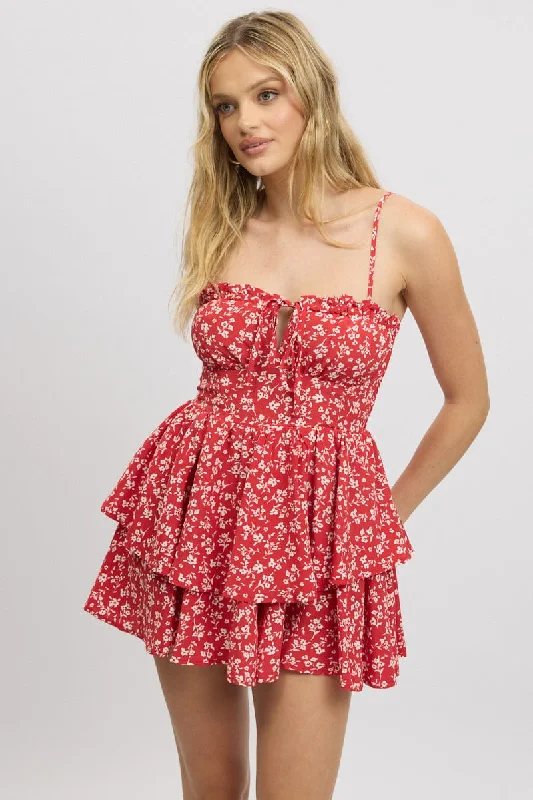 Red Ditsy Ruffle Playsuit Sleeveless Frilled