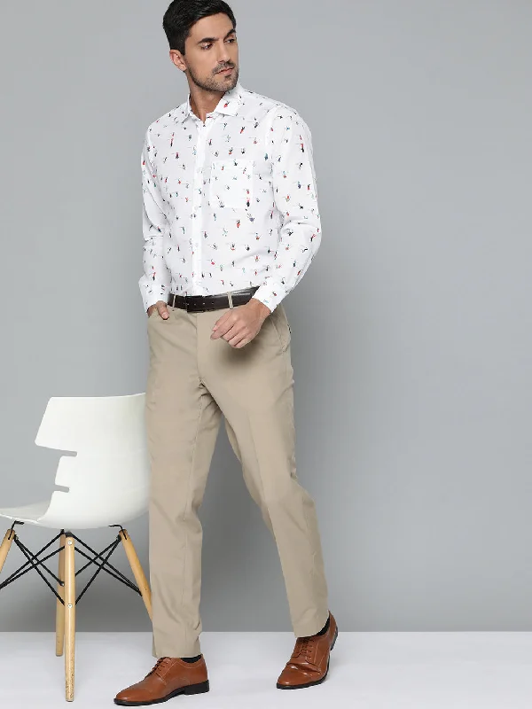 Men's Stain-Resistant Shirts for Mess-Free WearMen White Conversational Printed Smart Slim Fit Formal Shirt