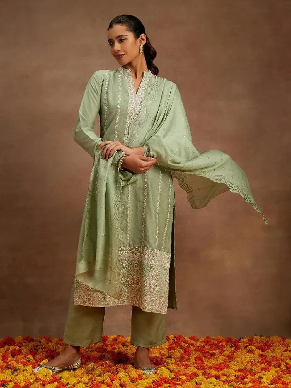 Green Embroidered Silk Straight Suit With Dupatta