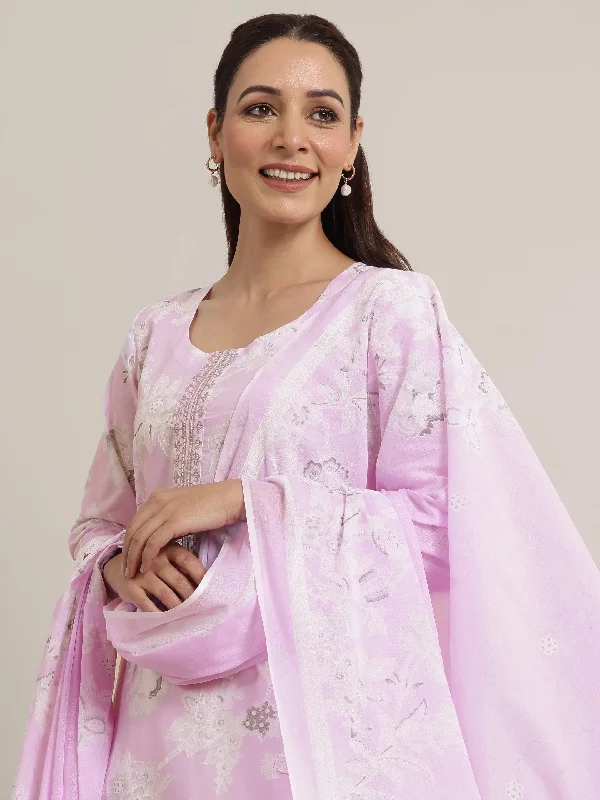 Lavender Printed Cotton Straight Suit Set With Dupatta
