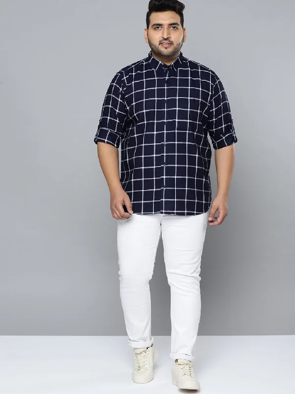 Men's Logo T-Shirts for Brand RepresentationMen Navy Blue Smart Slim Fit Opaque Checked Formal Shirt