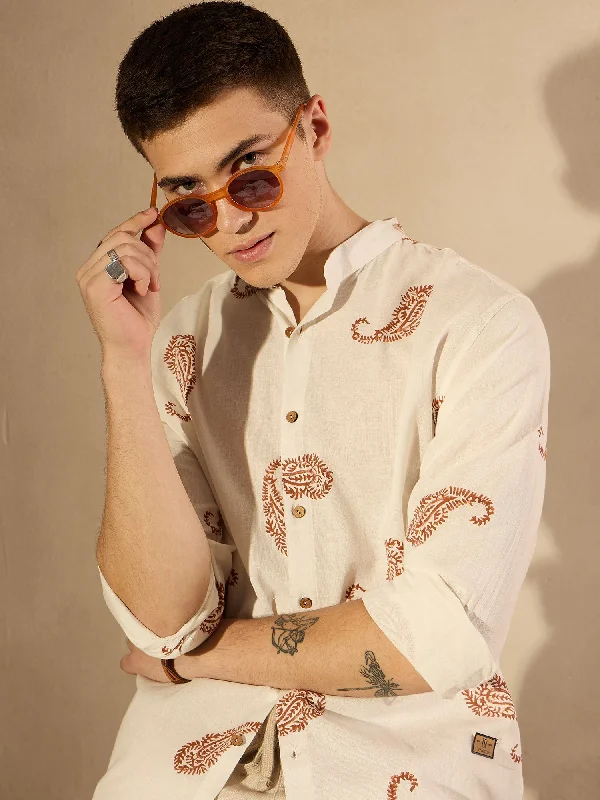 Men's Solid-Color Button-Down Shirts for VersatilityPaisley Block Printed Oversized Shirt