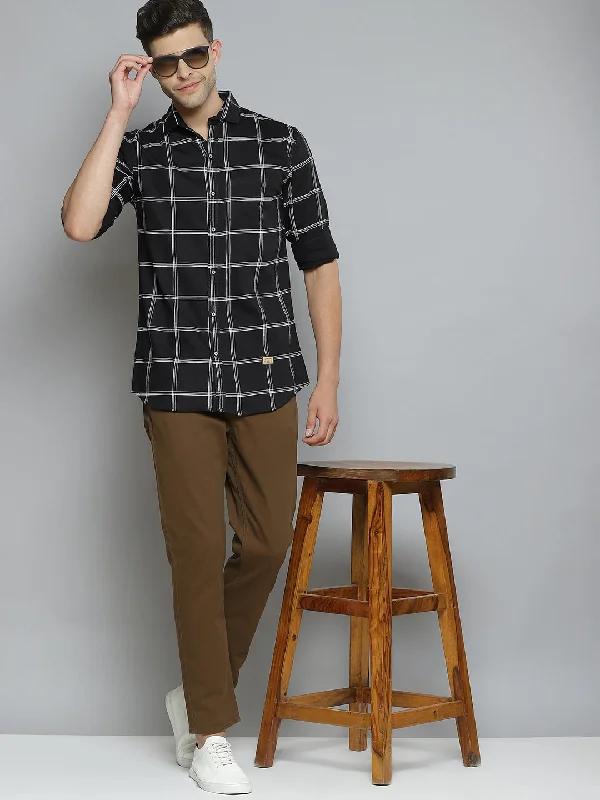 Men's French-Cuff Shirts for a Sophisticated EdgeMen Black  White Windowpane Checks Smart Slim Fit Opaque Casual Shirt