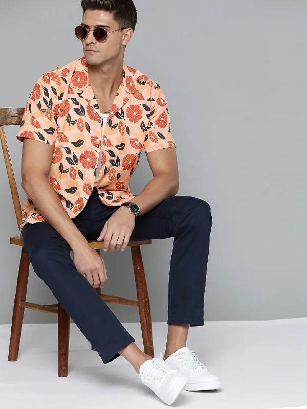 Men's Organic Cotton Shirts for Eco-ConsciousnessDENNISON Men Peach-Coloured Smart Slim Fit Floral Printed Casual Shirt
