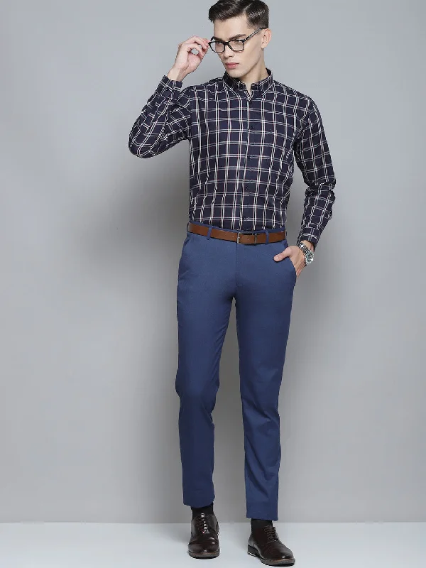 Men's Wrinkle-Free Shirts for Easy CareMen Navy Blue Smart Slim Fit Opaque Checked Formal Shirt