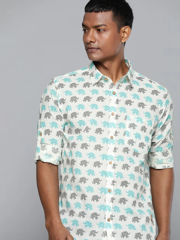 Men's Long-Sleeve Shirts for Year-Round WearDENNISON Men Cream-Coloured Block Printed Shirt