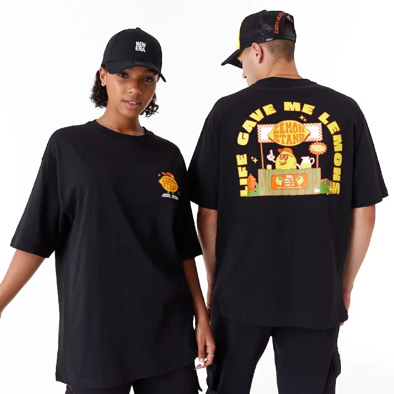 Men's Shirts with Belt AttachmentsNew Era Lemon Stand Fruit Graphic Black Oversized T-Shirt