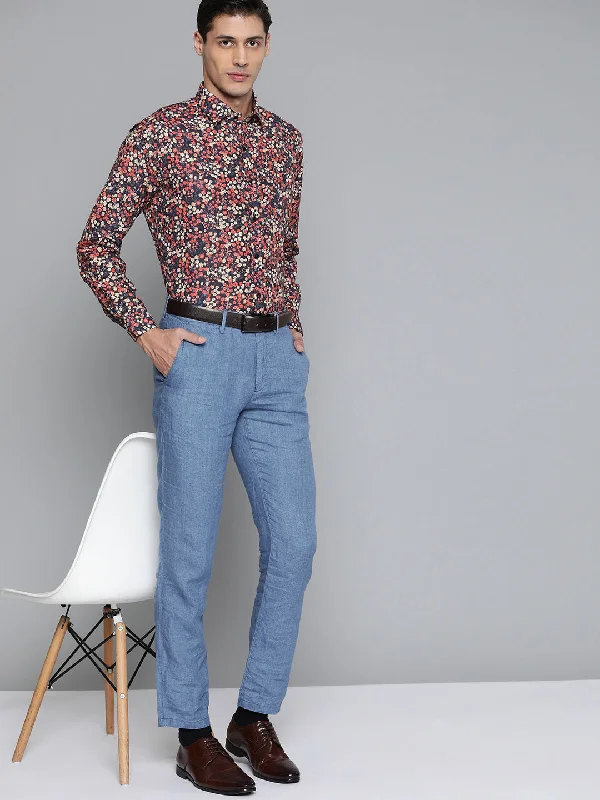 Men's Logo T-Shirts for Brand RepresentationMen Navy Blue  Red Smart Slim Fit Floral Printed Formal Shirt