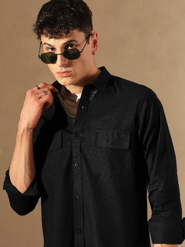 Men's Scoop Neck T-Shirts for a Relaxed FeelBlack Double Pocket Cotton Linen Shirt