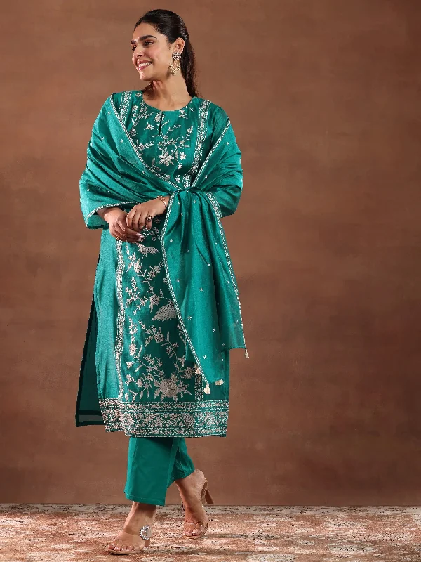 Teal Embroidered Chanderi Silk Straight Suit With Dupatta