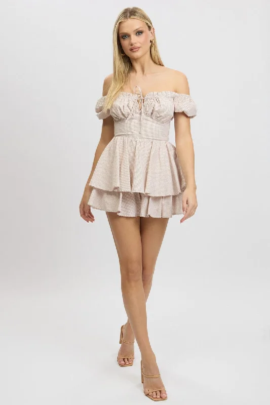 Beige Check Ruffle Playsuit Short Sleeve