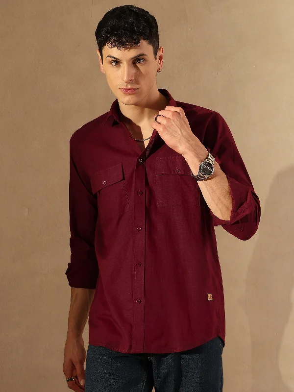 Men's Machine-Washable Shirts for ConvenienceMaroon Double Pocket Cotton Linen Shirt