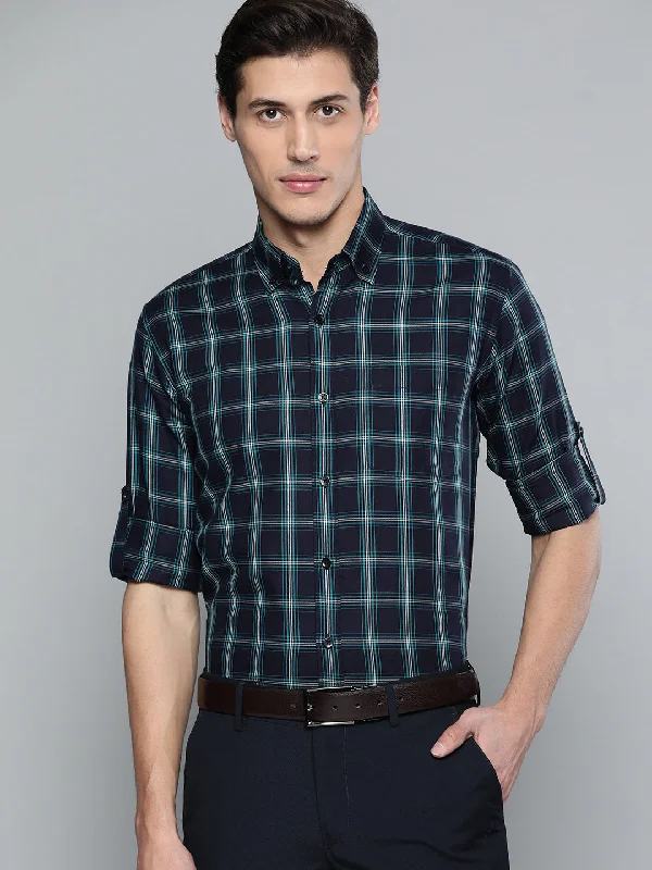 Men's Cufflink-Ready Shirts for Formal EventsMen Navy Blue Pure Cotton Smart Fit Tartan Checked Formal Shirt