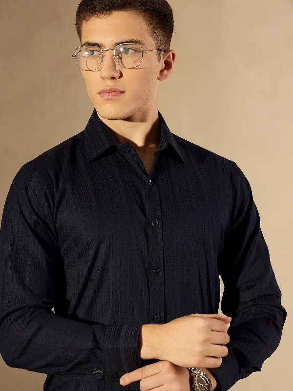 Men's Custom Dress Shirts for a Personalized FitNavy Blue Striped Full Sleeves Formal Shirt