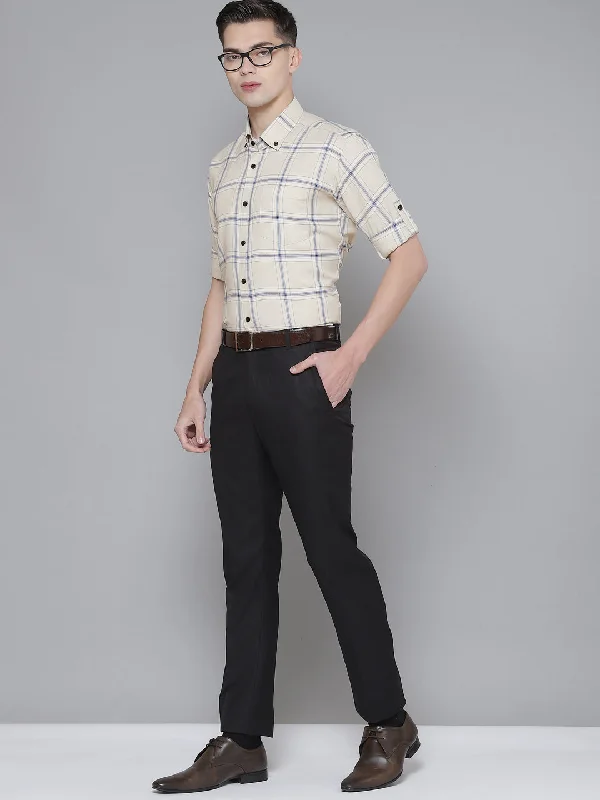 Men's Color-Blocking Shirts for a Statement LookMen Cream-Coloured Smart Slim Fit Checked Formal Shirt