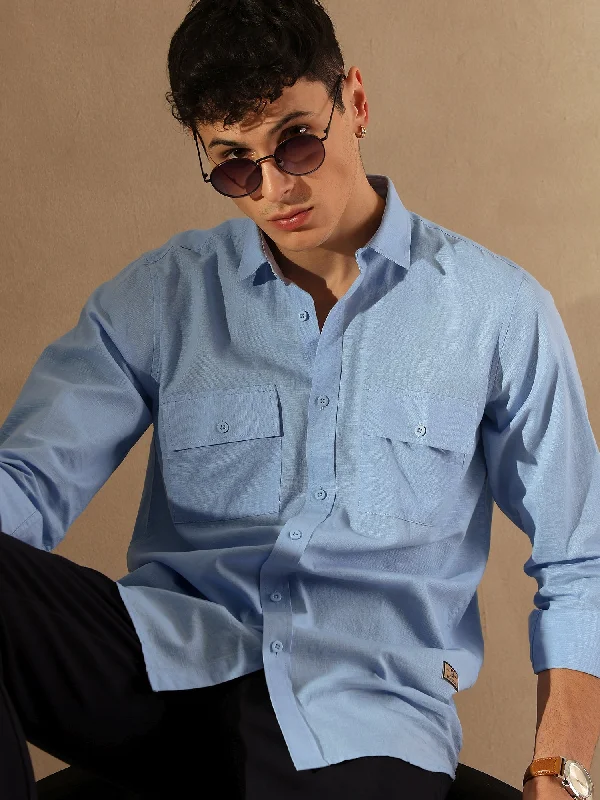 Comfortable Men's Flannel ShirtsSky Blue Double Pocket Cotton Linen Shirt