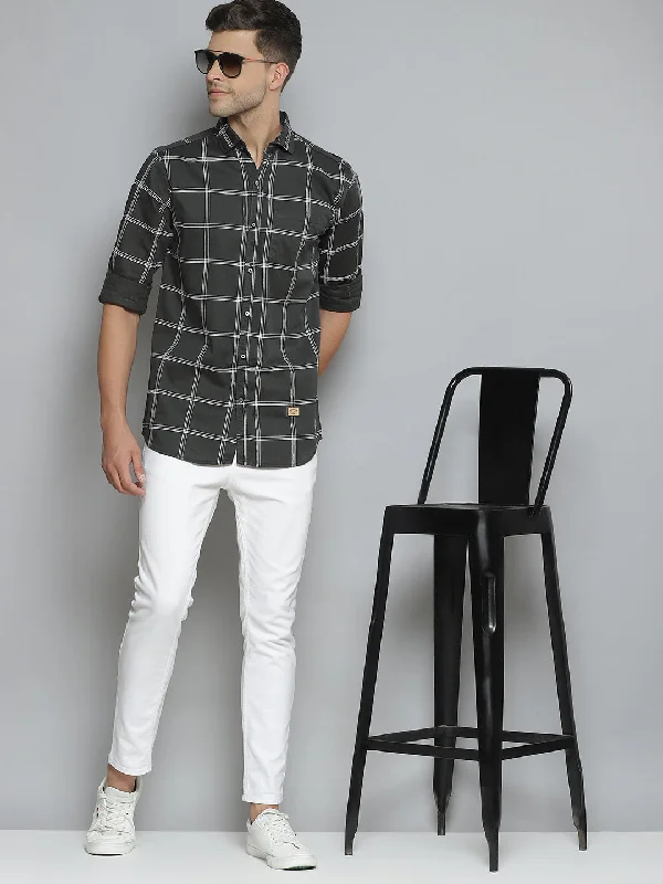 Men's Sleeveless Shirts for Summer ComfortMen Olive Green Smart Slim Fit Windowpane Checks Opaque Checked Casual Shirt