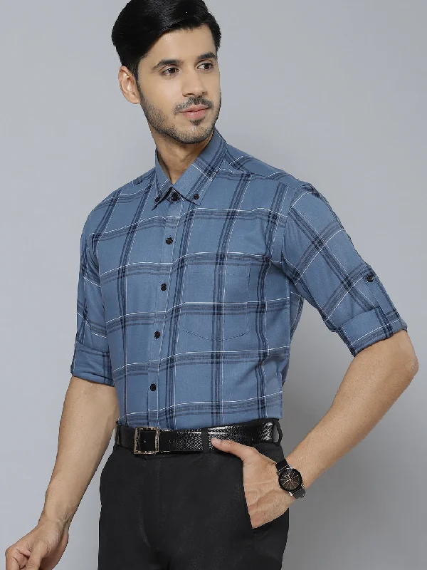 Men's Patterned Dress Casual Shirts for Smart-Casual EventsMen Blue  Black Pure Cotton Smart Slim Fit Windowpane Checks Formal Shirt