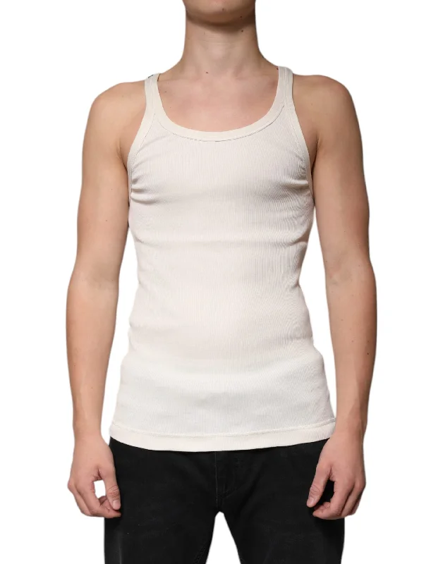Men's Shirts with Contrast CollarsDolce & Gabbana ivory Cotton Sleeveless Round Neck Tank Men's T-shirt