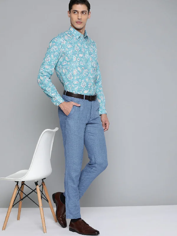 Versatile Men's Short-Sleeve ShirtsMen Turquoise Blue Smart Slim Fit Floral Printed Formal Shirt