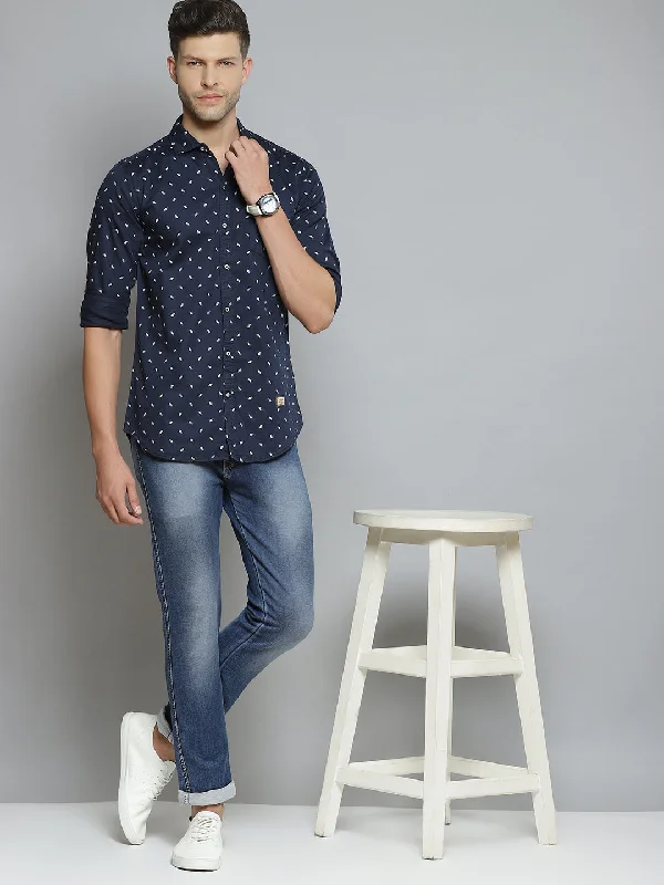 Men's Fishing Shirts for Water SportsMen Navy Blue Smart Slim Fit Opaque Printed Casual Shirt