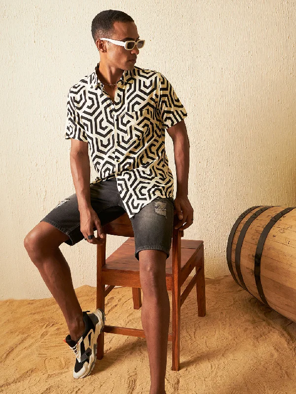 Men's Color-Blocking Shirts for a Statement LookDENNISON Men Cream-coloured Block Printed Shirt