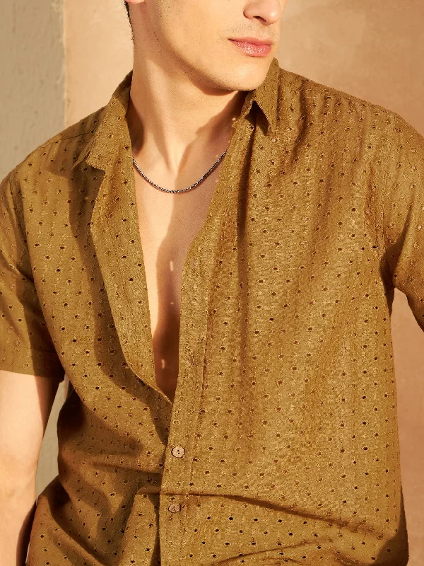 Men's Iron-Free Shirts for Wrinkle-Resistant WearDENNISON Mustard Color Self Design Schiffli Casual Shirt