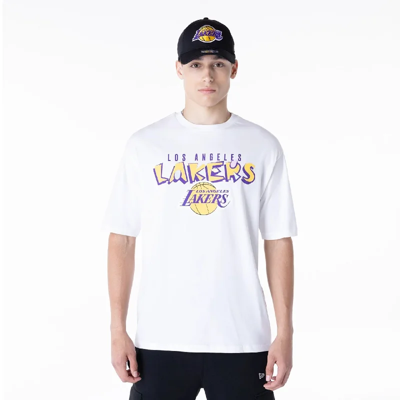 Men's Shirts with Cowl NecksLA Lakers NBA Graphic White Oversized T-Shirt