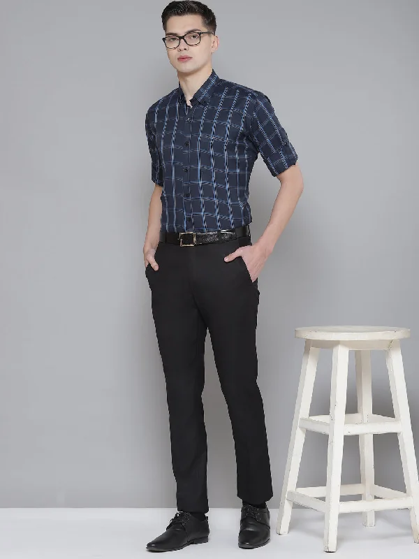 Men's Rugby Shirts for a Sporty LookMen Navy Blue Smart Slim Fit Checked Formal Shirt