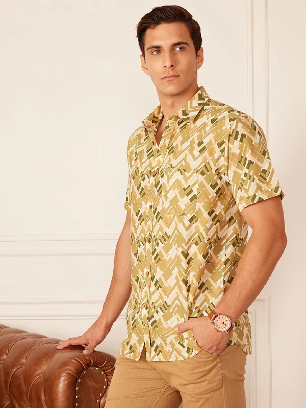 Men's Breathable Shirts for Warm ClimatesMen's Beige Abstract Printed Cotton Casual Shirt