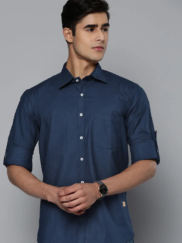 Stylish Men's Graphic T-ShirtsDENNISON Men Navy Blue Solid Pure Cotton Smart Slim Fit Casual Shirt