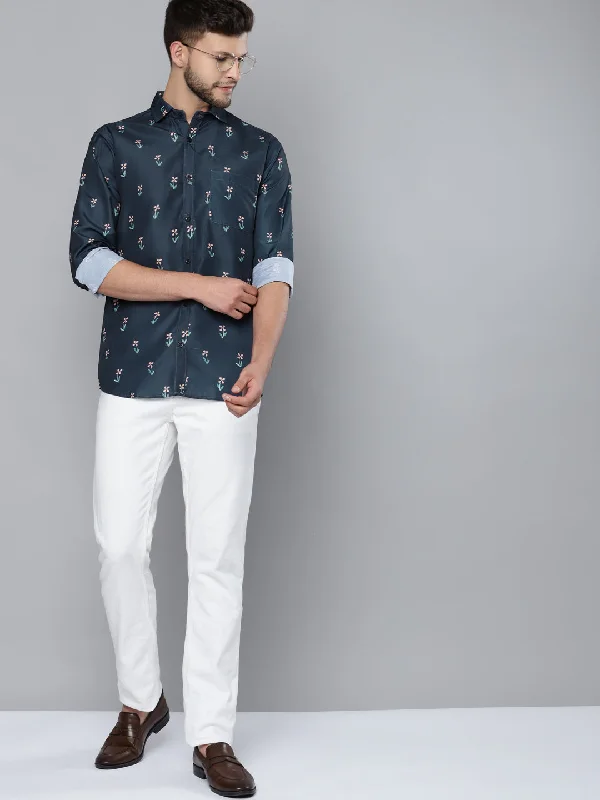Men's Slim-Fit Shirts for a Flattering ShapeMen Navy Blue Smart Slim Fit Floral Printed Formal Shirt