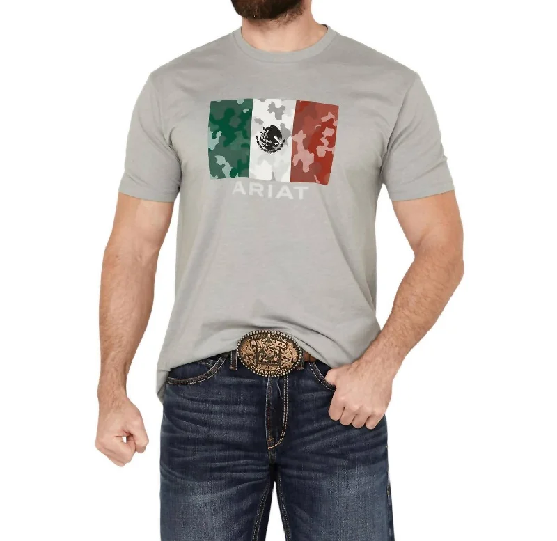 Men's Shirts with Drawstring WaistbandsMexico Camo Flag Tee Top In Stone Heather