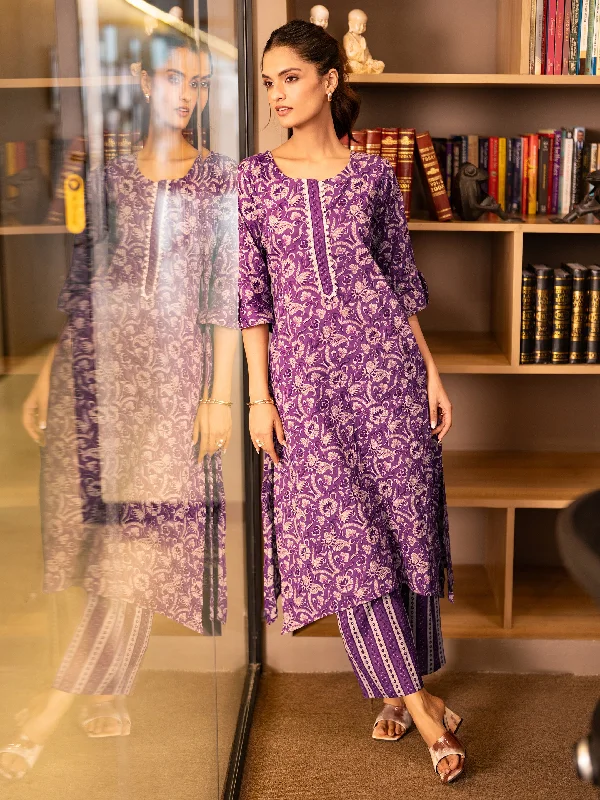 Mauve Printed Cotton Straight  Kurta Set
