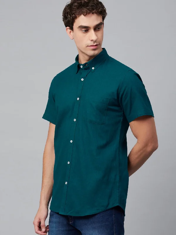 Men's Stain-Resistant Shirts for Mess-Free WearMen Teal Green Smart Slim Fit Solid Cotton Linen Casual Shirt