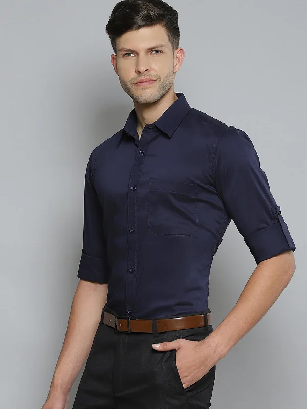 Men's Cufflink-Ready Shirts for Formal EventsMen Navy Blue Smart Slim Fit Stretchable Lycra Formal Shirt