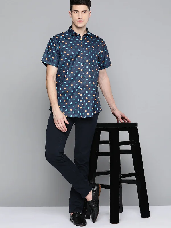 Men's Floral Print Shirts for Spring and SummerMen Navy Blue Comfort Fit Printed Casual Shirt