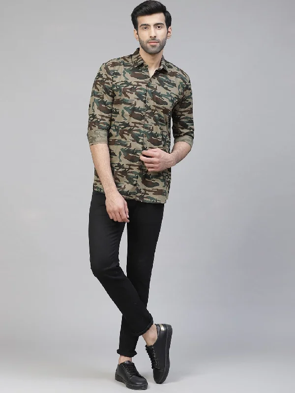Men's Henley T-Shirts for a Casual TwistMen Brown  Green Slim Fit Camouflage Printed Casual Shirt