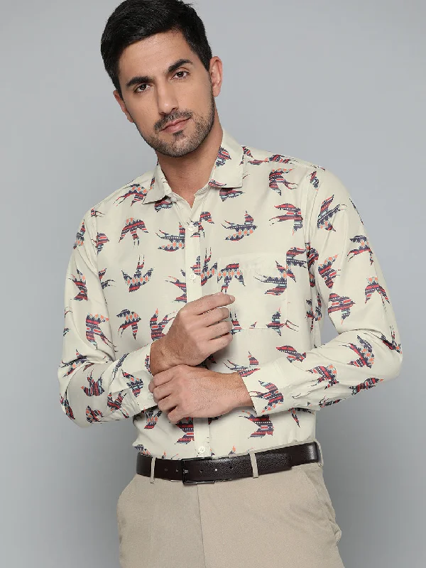 Men's Camping Shirts for Outdoor AdventuresMen Cream-Coloured  Navy Blue Smart Slim Fit Printed Formal Shirt