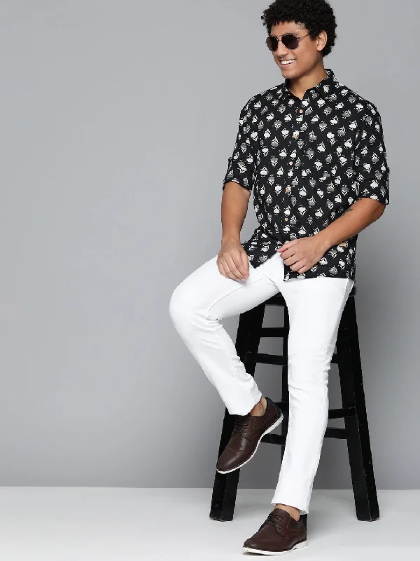 Men's Collared Shirts for Formal OccasionsDENNISON Men Black Block Printed Shirt
