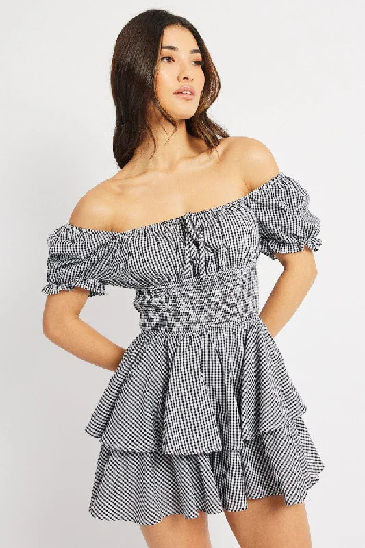 Black Check Ruffle Playsuit Short Sleeve Ruched Bust
