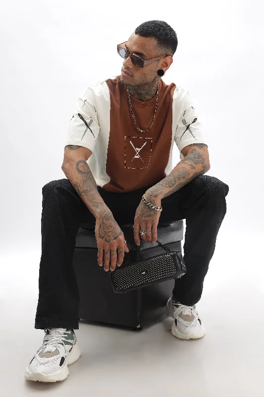 Men's Shirts with Ruffled HemlinesCrossBlock  Beige & Cream Dropshoulder Tee