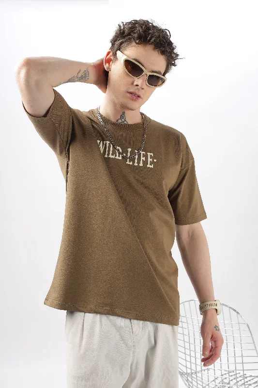 Stylish Men's HenleysWild Life Printed Khaki T-Shirt