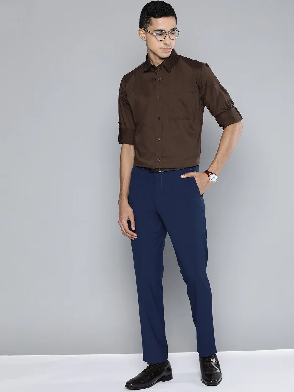 Men's Collared Shirts for Formal OccasionsMen Brown Solid Smart Slim Fit Stretchable Lycra Formal Shirt