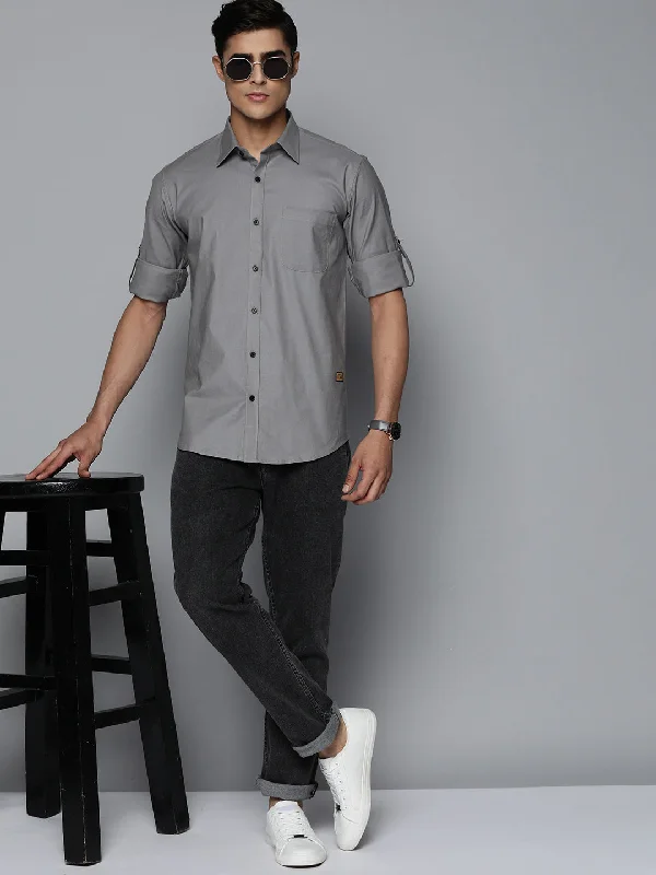 Men's Custom Dress Shirts for a Personalized FitDENNISON Men Grey Solid Pure Cotton Smart Slim Fit Casual Shirt