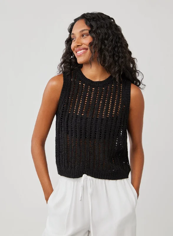 Sleeveless Open Knit Sweater - Black