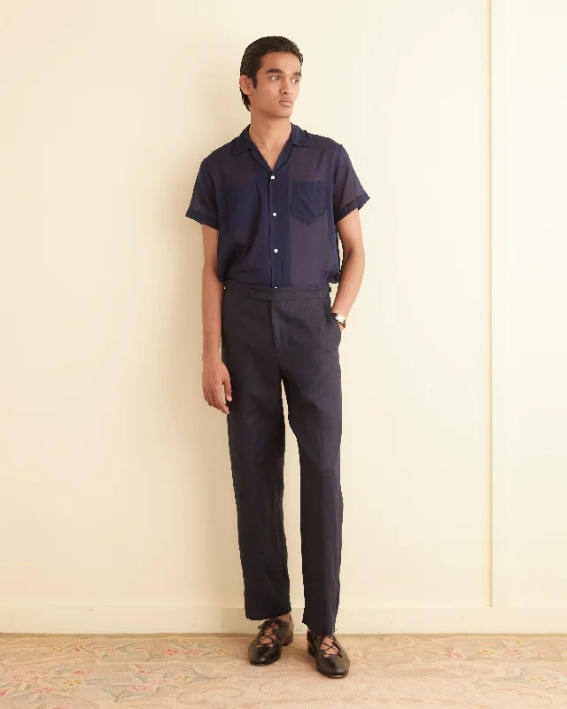 Men's Pants with Contrast Fabric PanelsLinen Suiting Trousers - Navy